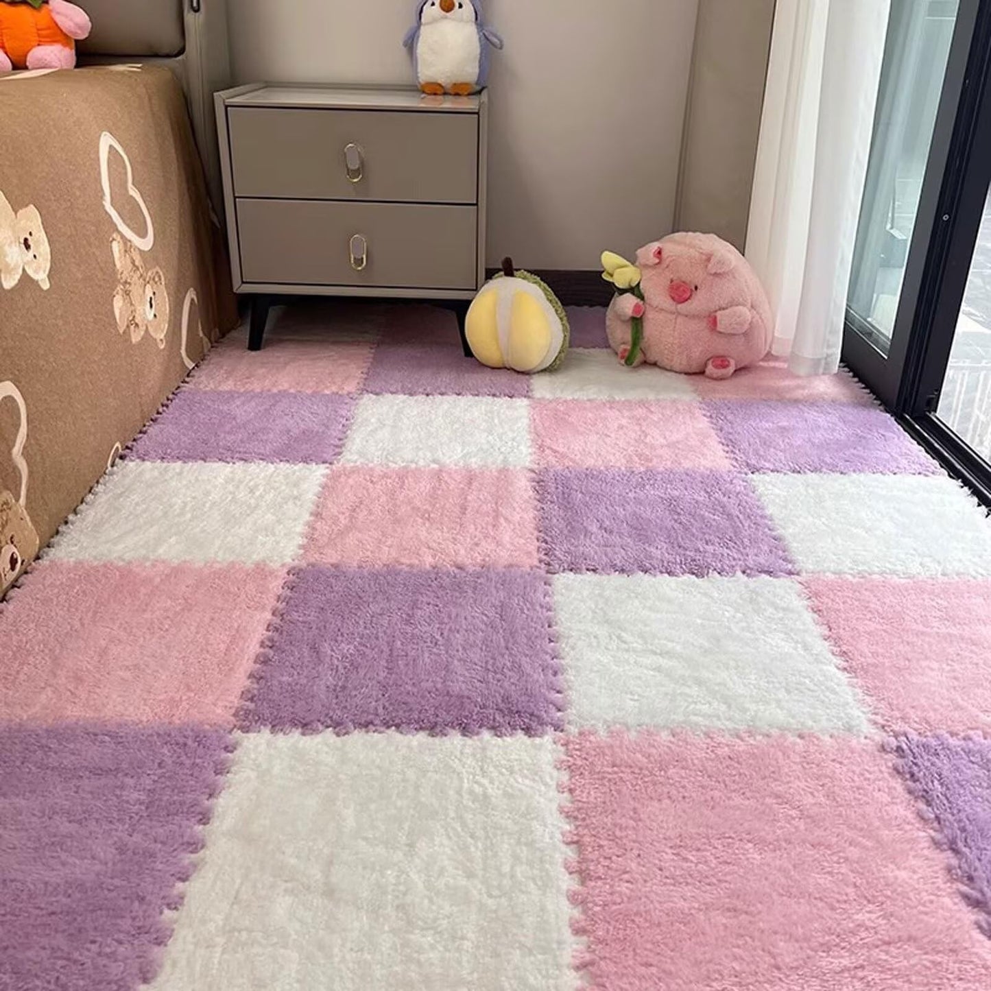 Typutomi 12Pcs Plush Puzzle Foam Floor Mat, Cute Soft Fluffy Interlocking Square Foam Tiles Area Rugs Carpet For Parlor Bedroom