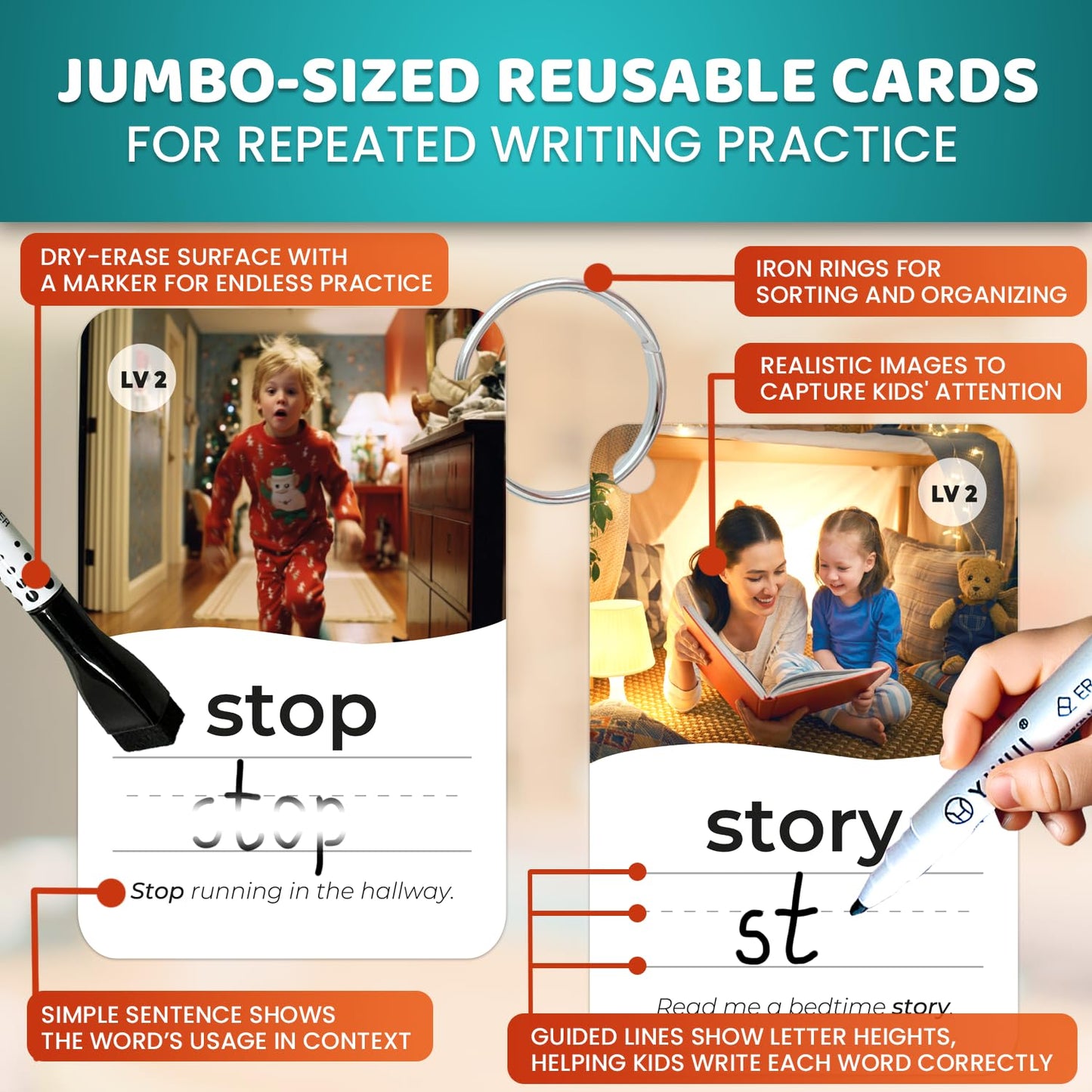 Quokka 520 Sight Words Flash Cards For Kids Adults - From Pre-K To 3Rd Grade - 5 Levels & Bold Font & Jumbo Size & Dry Erase Car