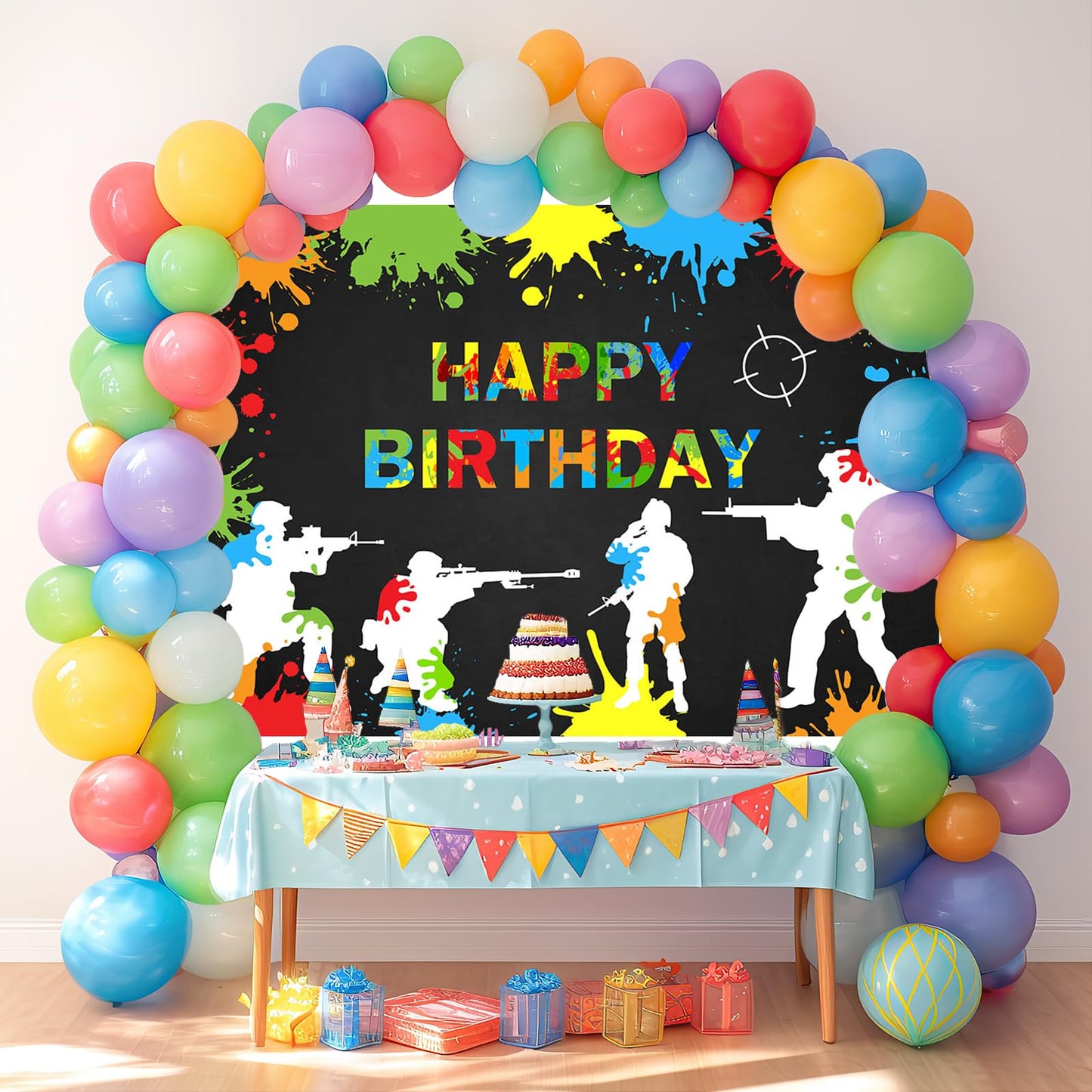 Mocsicka Paintball Backdrop Happy Birthday Party Paintball Theme Decoration Background Colorful Splash Shooting Game Happy Birth