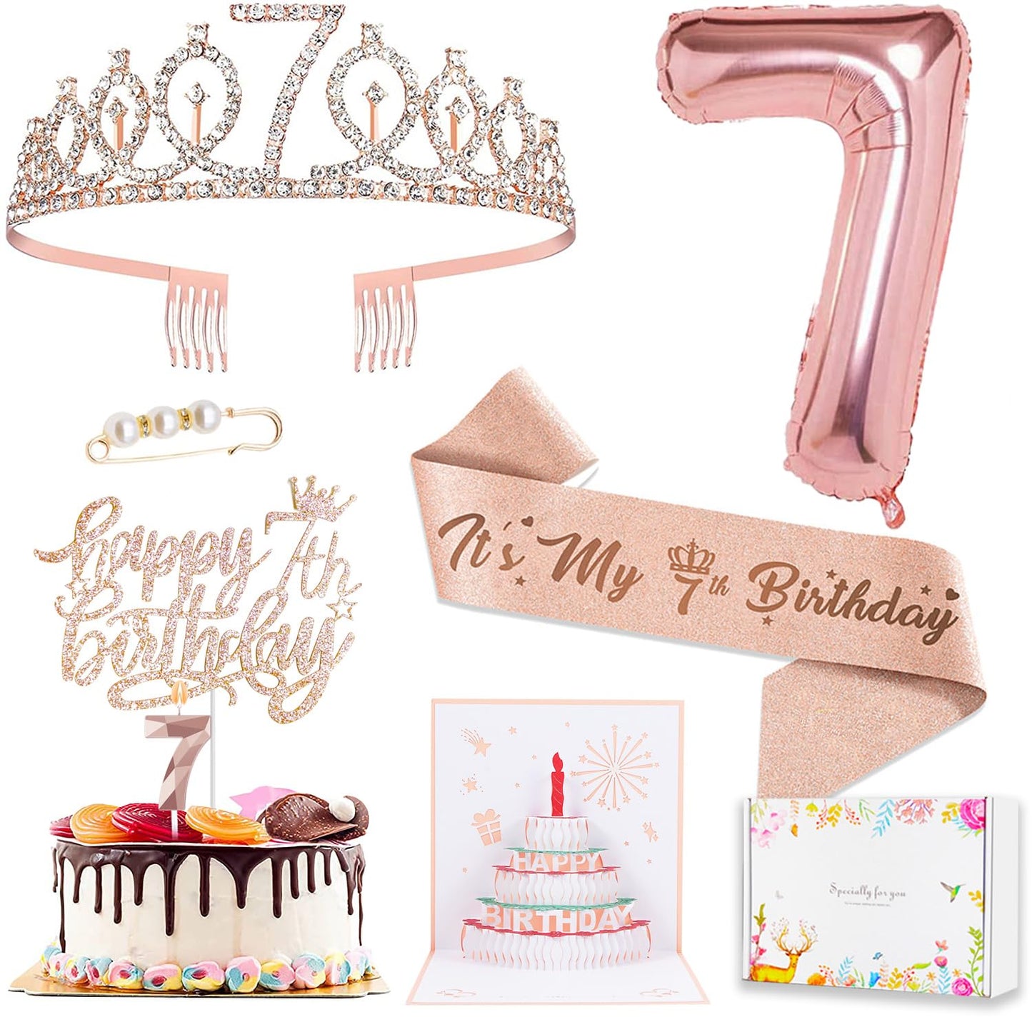 7th Birthday Decorations for Girls, Including 7 year old Birthday Cake Topper, Birthday Queen Sash with Pearl Pin, Sweet Rhinest