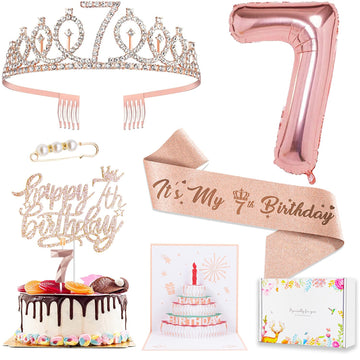 7th Birthday Decorations for Girls, Including 7 year old Birthday Cake Topper, Birthday Queen Sash with Pearl Pin, Sweet Rhinest