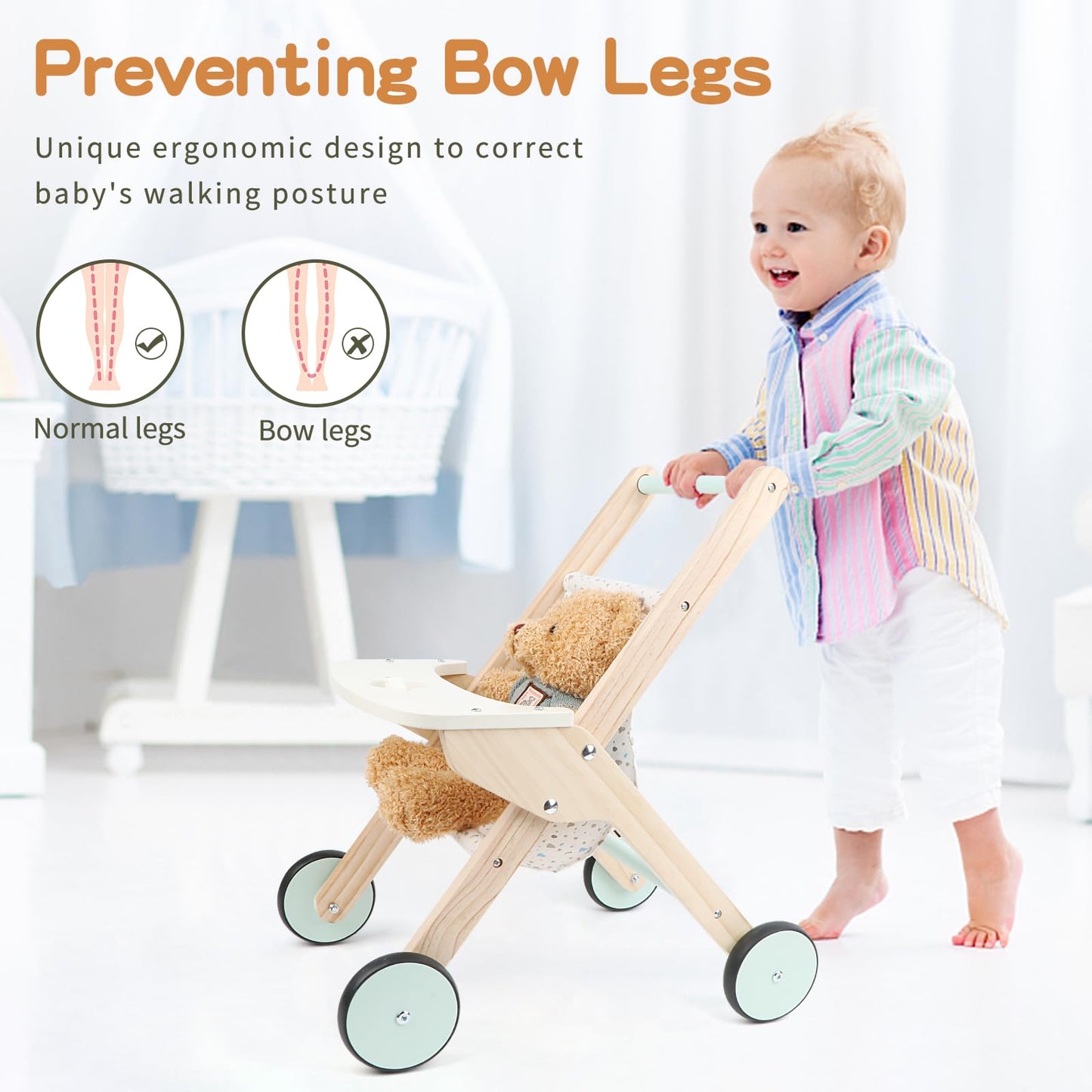 Canuan Wooden Baby Walker Doll Stroller, Baby Push Walker, Shopping Cart Learning Walk For Boys And Girls, Wood Push Toys For Toddler Learning To Walk