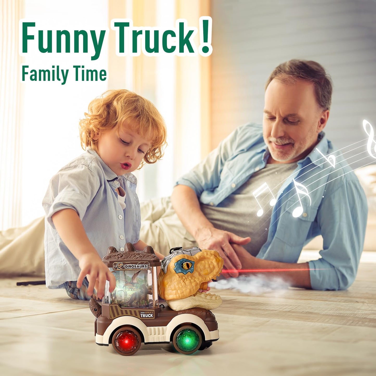 Electric Steam Train Truck Toy for Toddlers 2-4,Monster Dinosaur Truck Toy with Smoke,Flashing Lights & Sound, 360 Rotation Bump