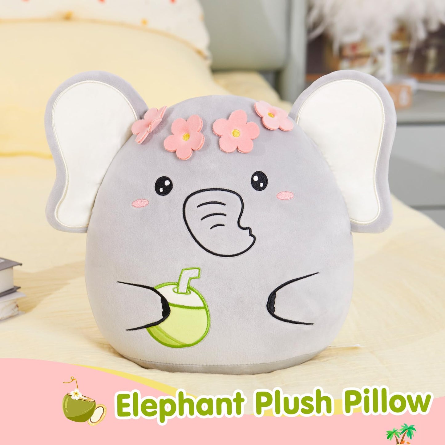 Athionsu 12-Inch Adorable Elephant Plush Toy Flower Crown with Coconut Detail for Toddler Kids and Boys  Great for Bedroom Decor and Cuddling