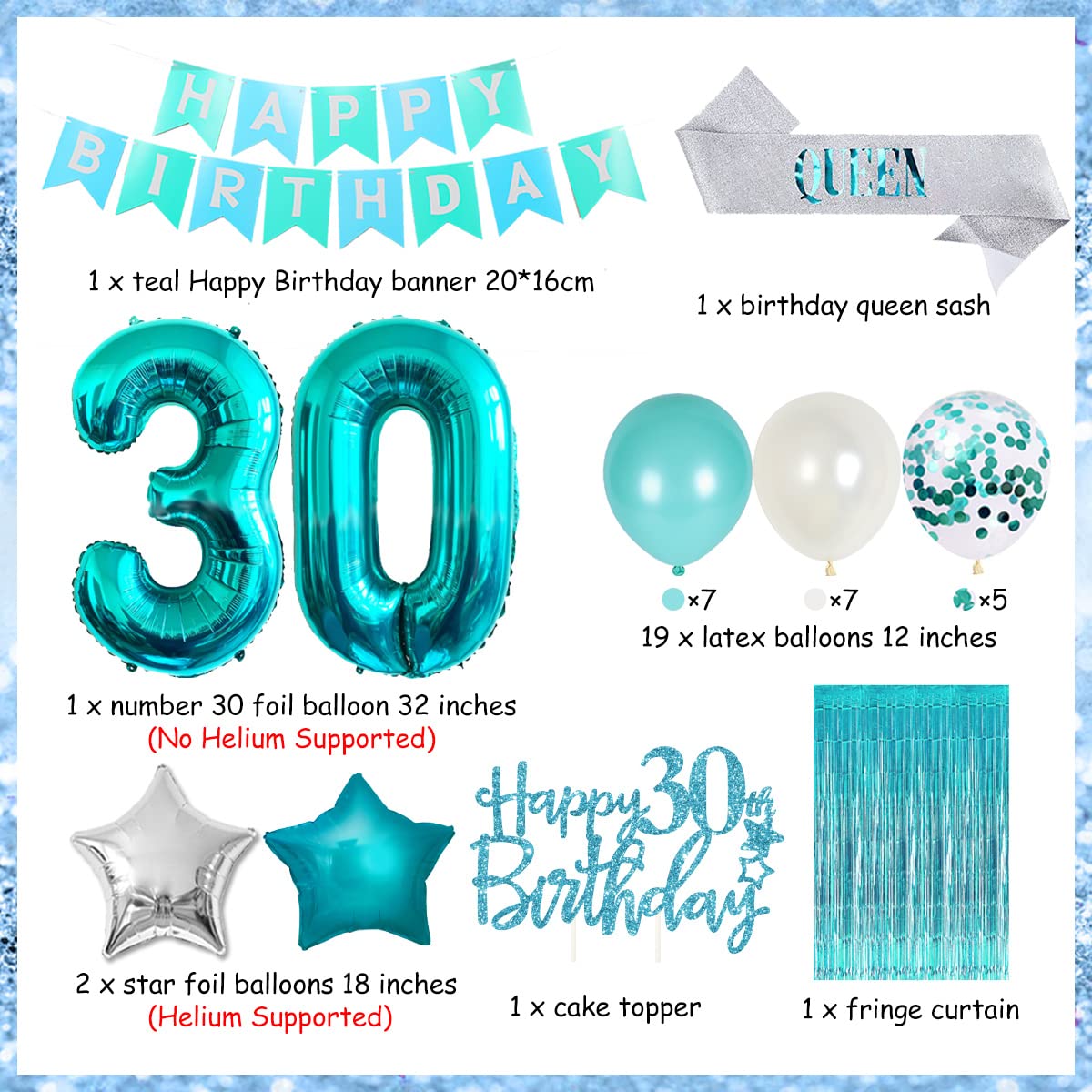 30Th Birthday Decorations For Women Girls Teal - Queen Sash Happy Birthday Banner Cake Topper Number 30 Foil Balloon Foil Curtai