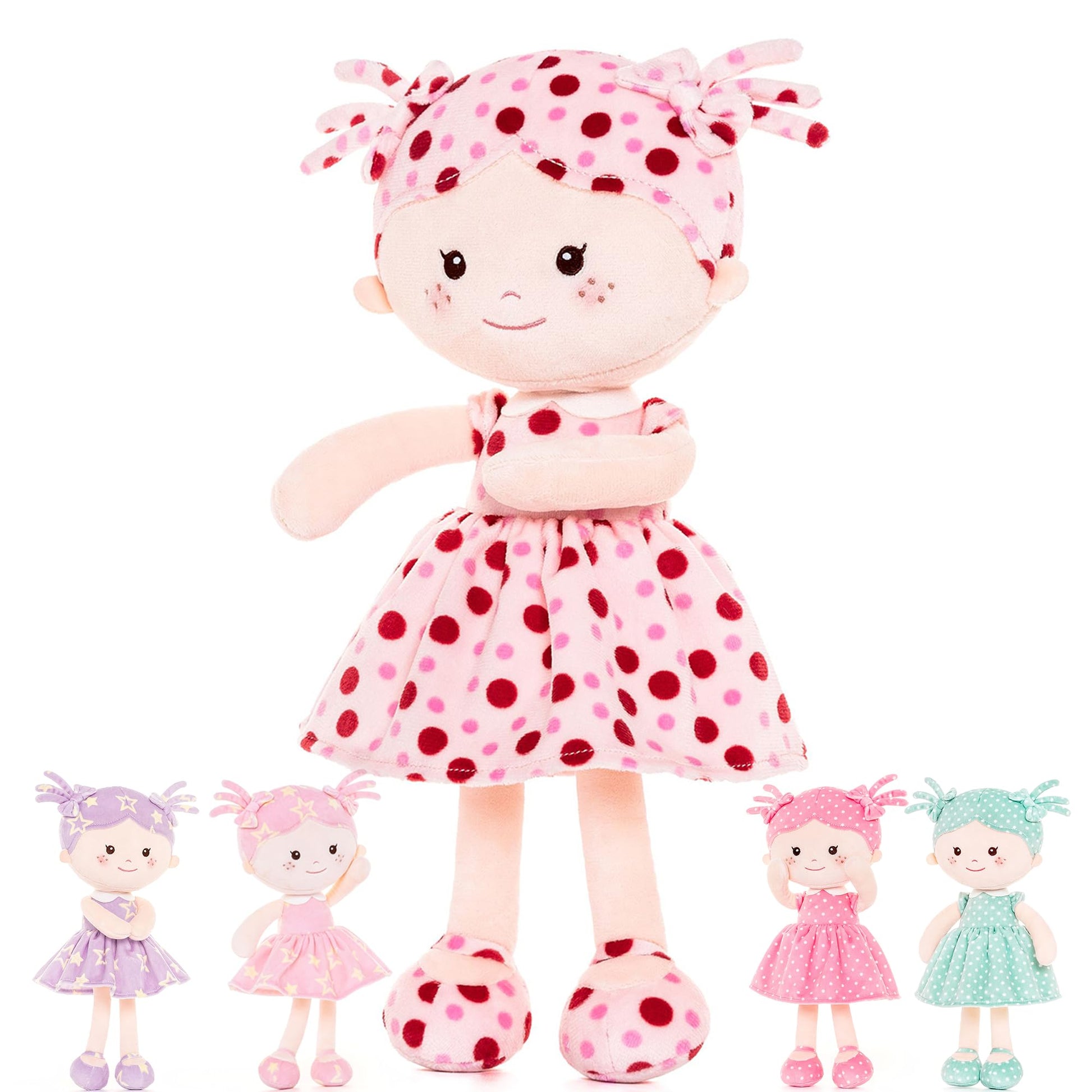 Onetoo First Baby Doll Soft Baby Doll For Girls Plush Rag Doll Sleeping Cuddle Buddy Doll Wear Pink Dress Red Polka Dot 14'