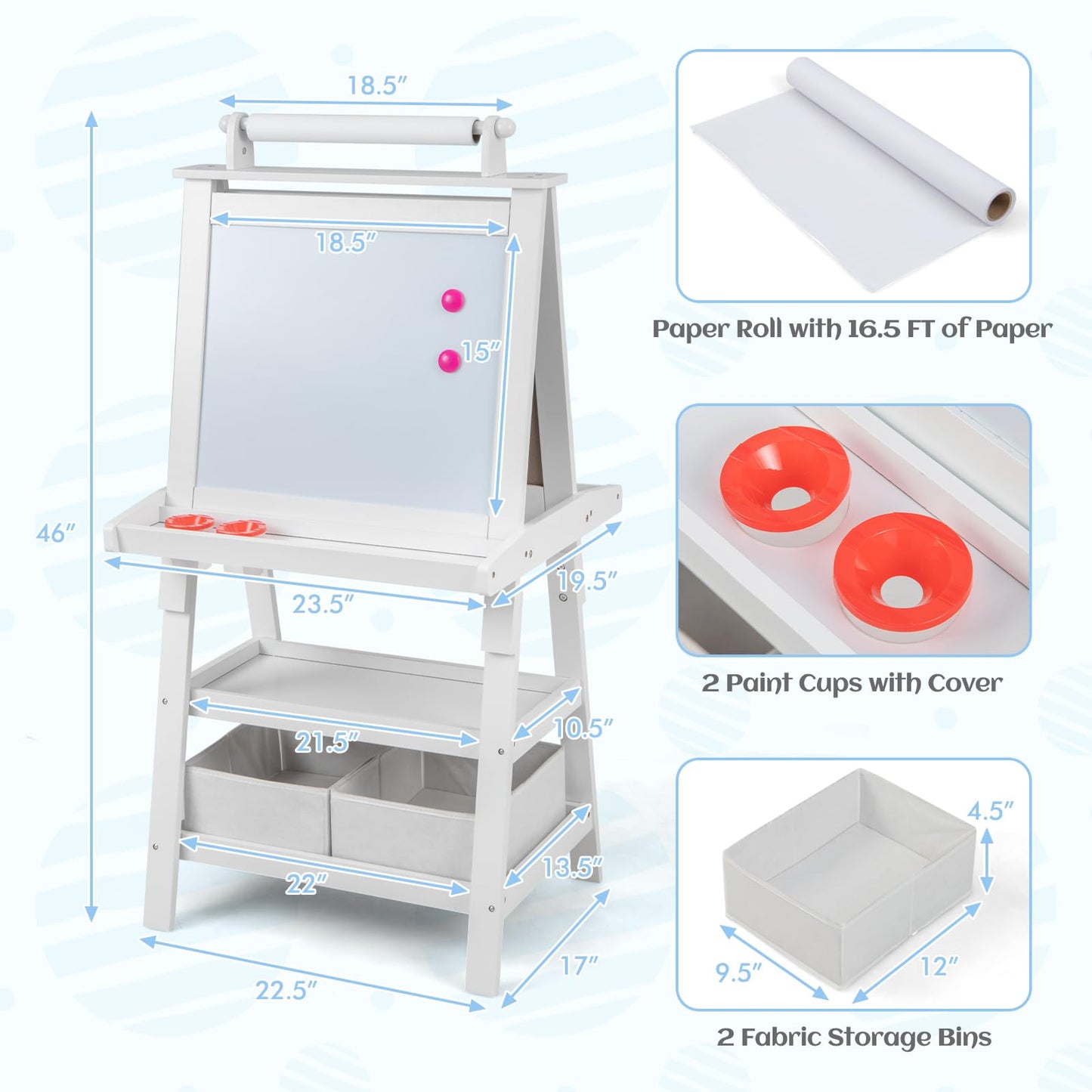 HONEY JOY Art Easel for Kids, 3-in-1 Double-Sided Wooden Toddler Easel w/Magnetic White Board & Chalkboard, Paper Roll, 2 Storag