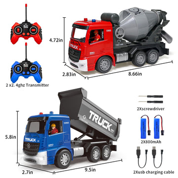 MQDMINI Remote Control Cement Mixer Truck and Dump Truck Toy Set - Construction Vehicle Toy with Lights and Sounds for Imaginati