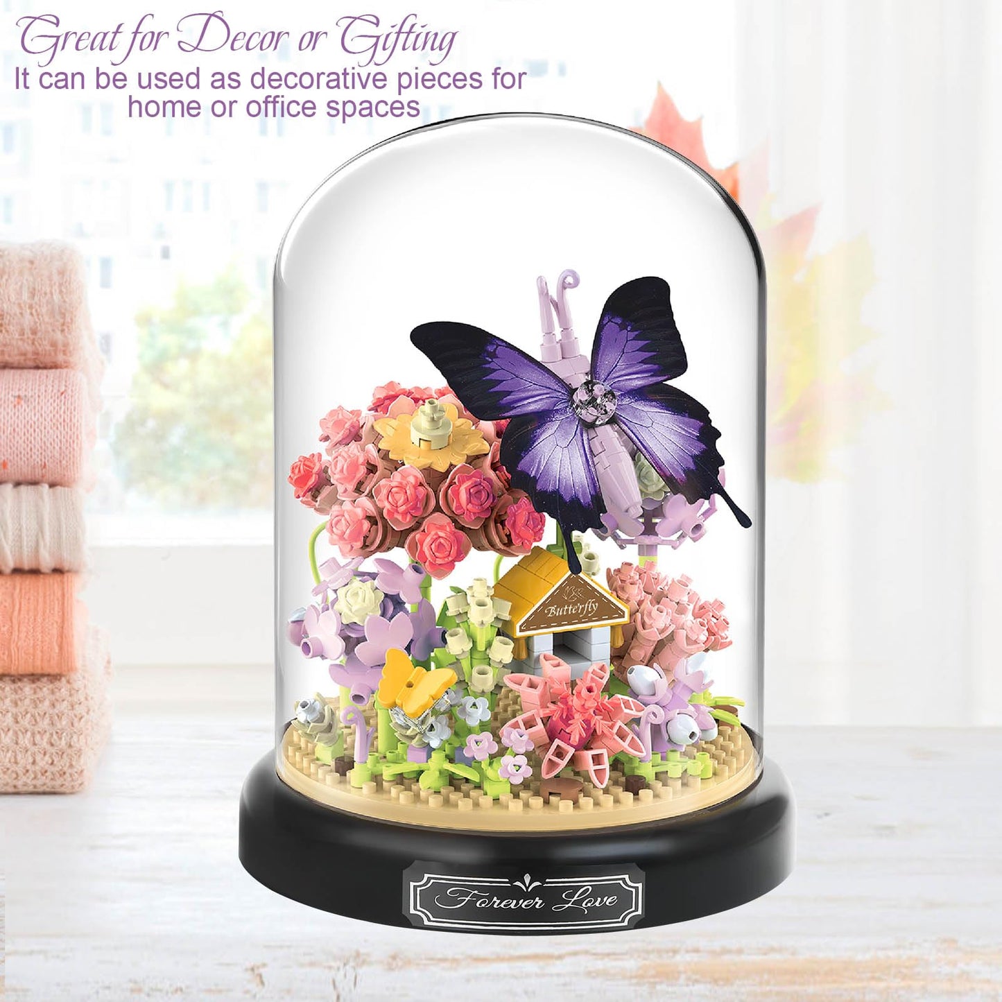 Plintone Flourishing Butterfly Love Flower Bouquet Building Set, 582 Pcs Botanical Collection With Dust Cover, Night Ambiance Wi