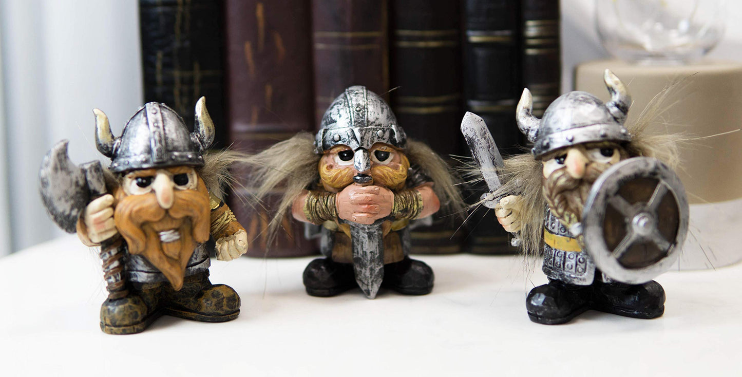 Ebros Gift Small Chibi Norse Viking Wild Berserkers Warriors with Axe decorative replica blade and Shield Statue Set of 3 Norselandic Hero Warlords Decorative Figurines