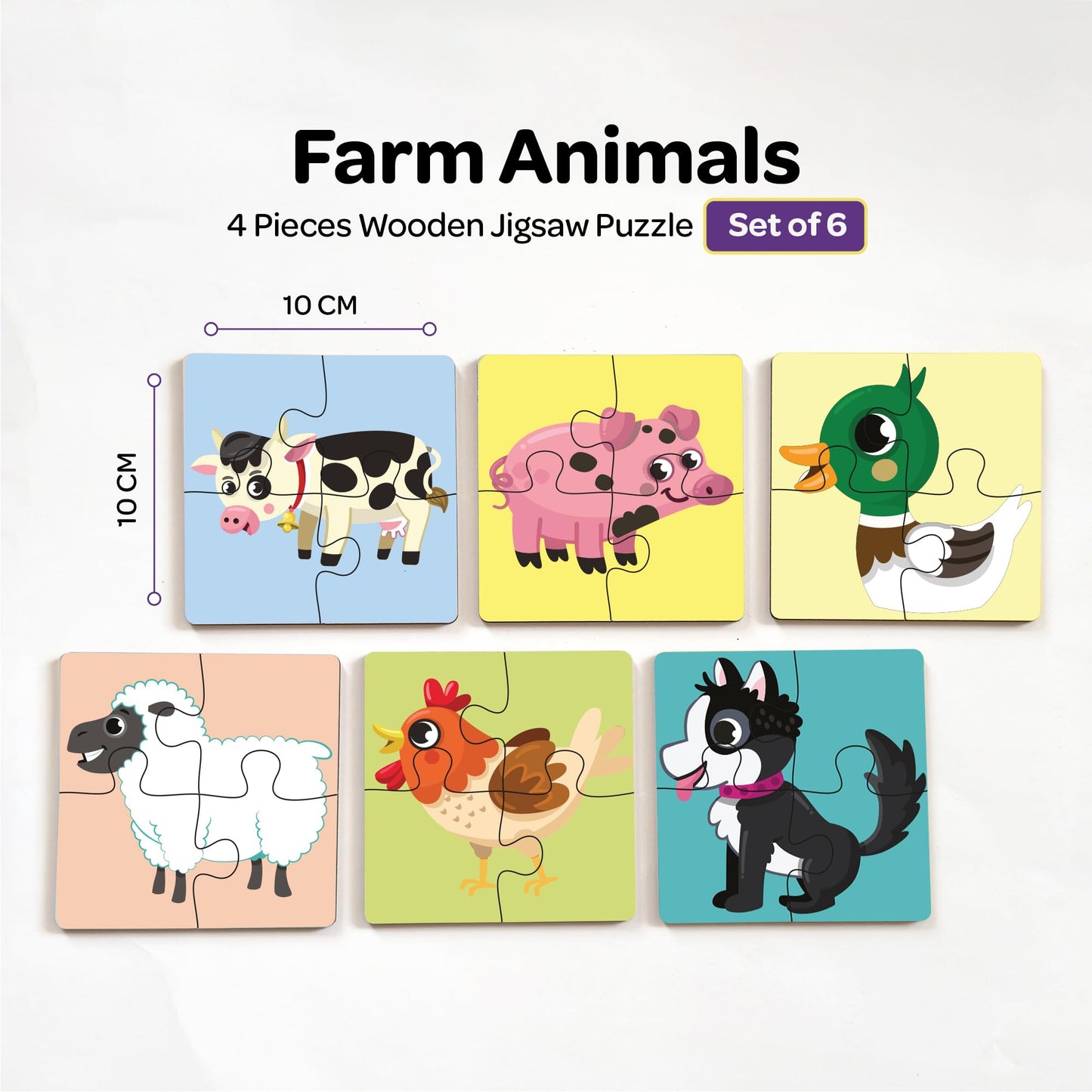 Mini Leaves 4 Piece Wooden Puzzle For Kids - Set Of 6 Farm Animals Jigsaw Puzzle - Puzzles For Kids For Age 2 And Above - Safe &