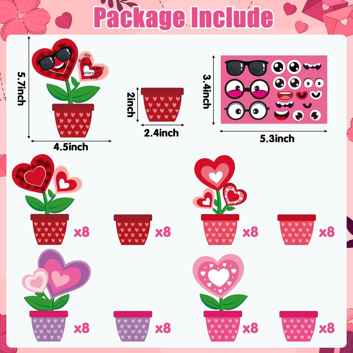 WATINC 32PCS Valentines Day Flower Craft Kit, Make Your Own Valentine Heart Flowers Pot Gift Craft Decorations, DIY Art Set Home