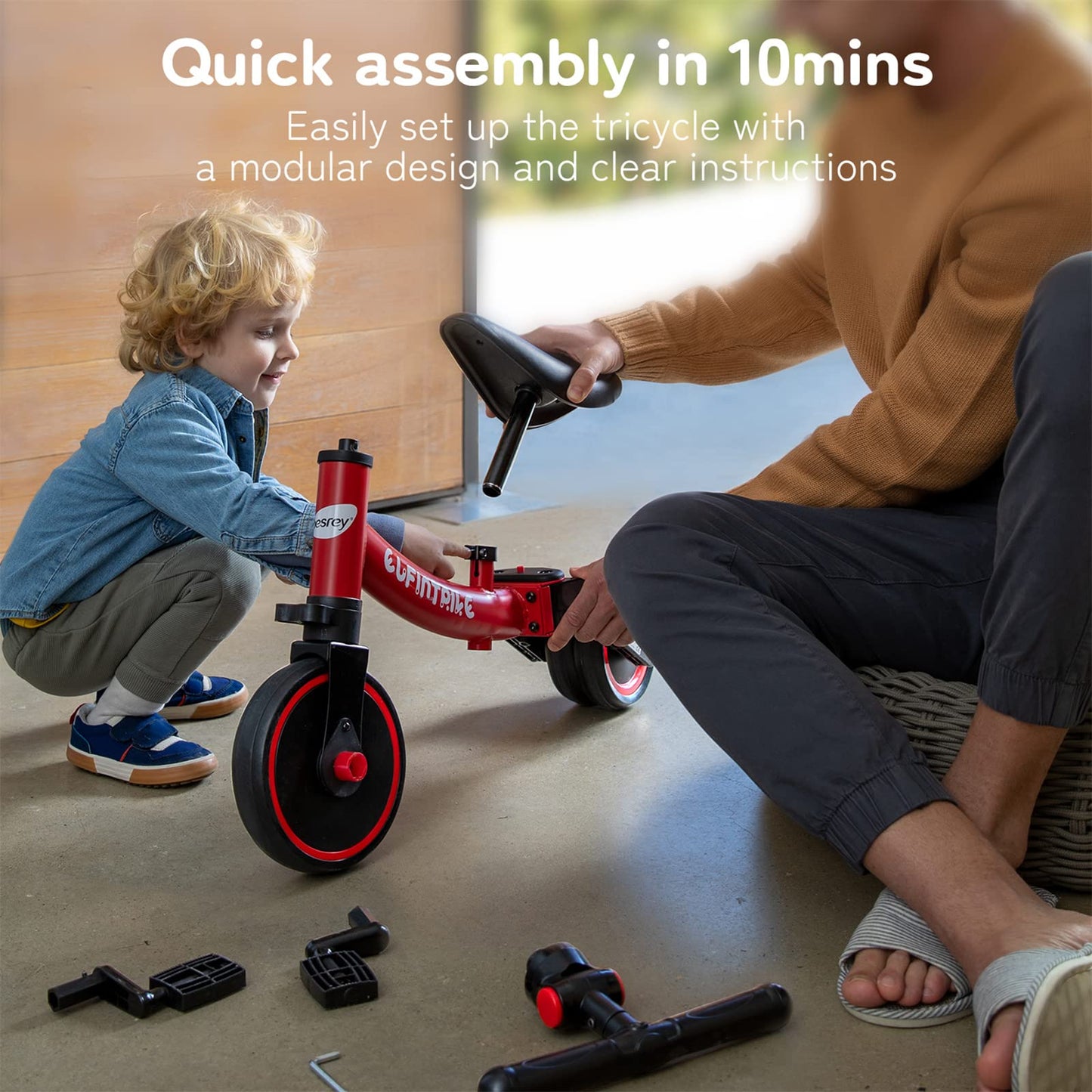 besrey 5 in 1 Toddler Bike Tricycle for Kids 1-4 Years, Red, Carbon Steel, Model BR-C7273, Balance Training, Removable Pedals