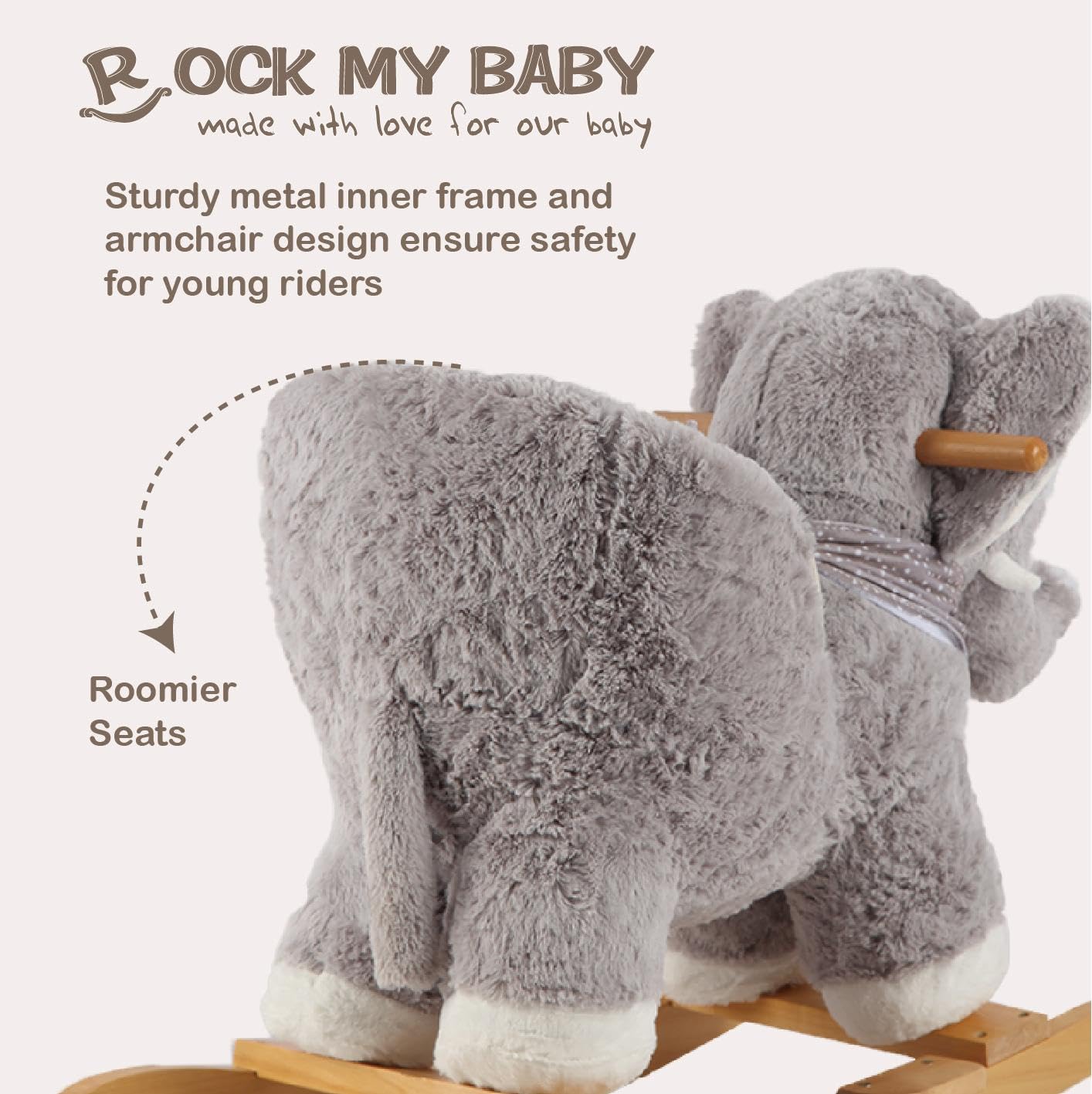 ROCK MY BABY Rocking Horse Elephant, Plush Ride-on Toy, Large Gray, Model JR291, CPC Certified