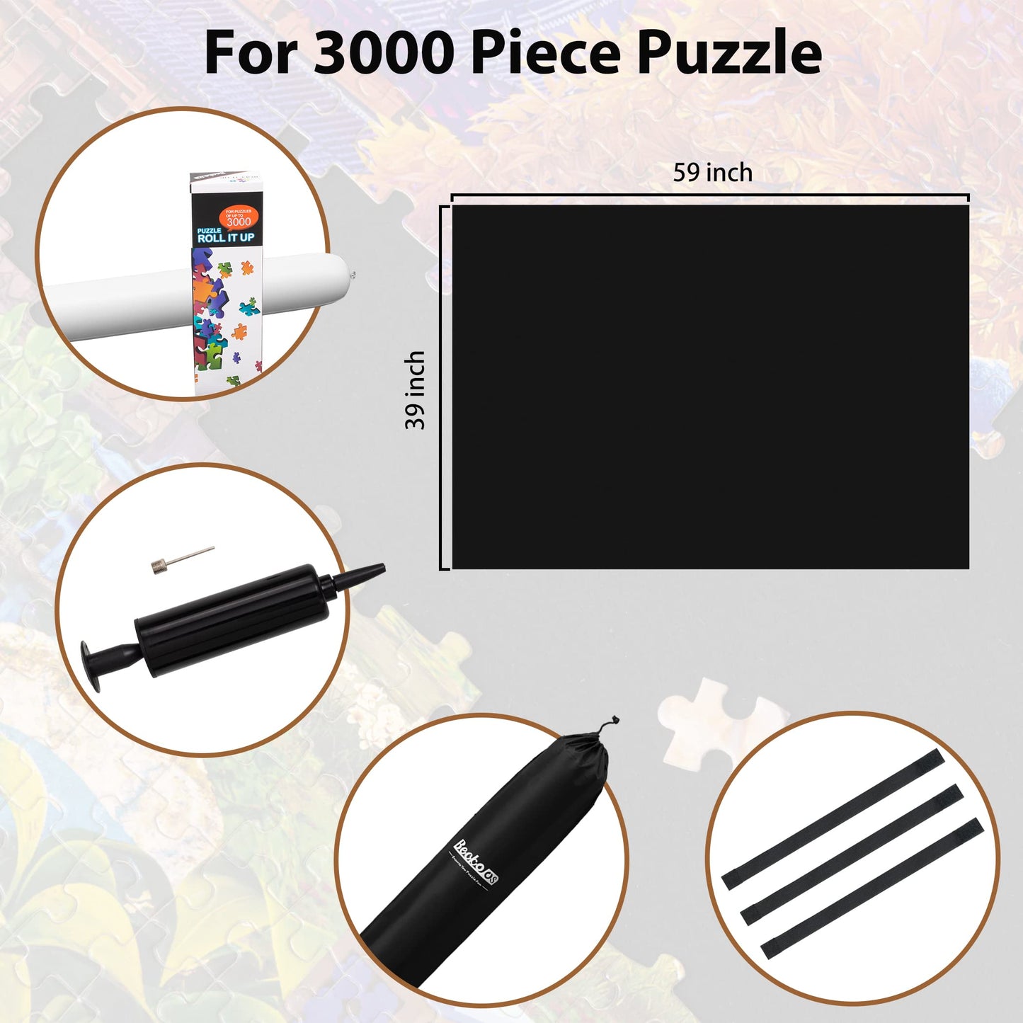 Becko US Puzzle Mat Roll Up for 3000 Pieces, Felt with Drawstring Bag, Black, E2015-DGra26, Easy Storage & Anti-Leak Tube