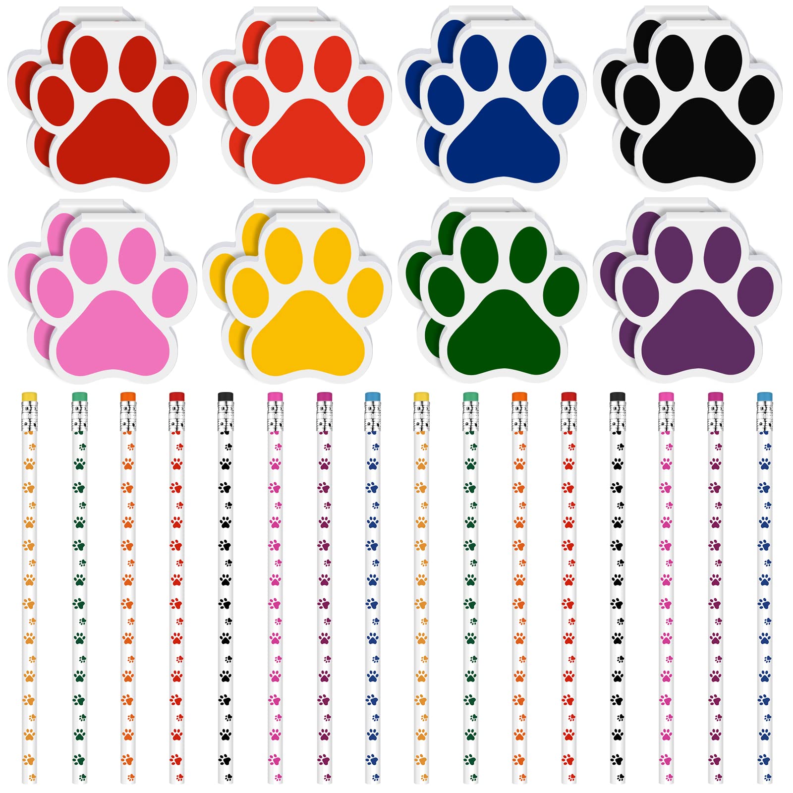 Weecent 32 Pcs Party Favors Kids Stationery Include 8 Colors Paw Print Pencil and Notpads Colorful Wooden Writing Pencils and Sm
