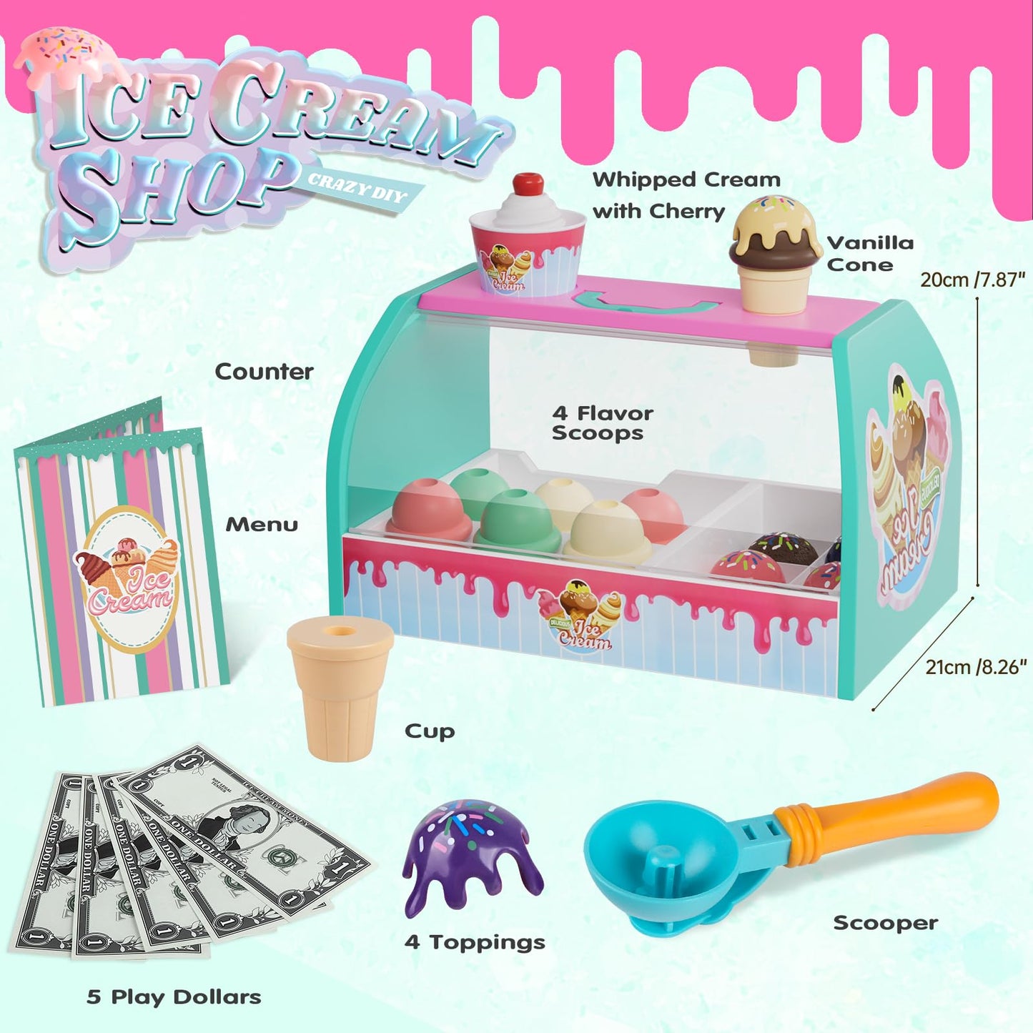 Ice Cream Counter Playset for Kids, Ice Cream Shop Toys, Pretend Play Toys, Play Food Scoop and Serve, Toddler Girls and Boys Ag