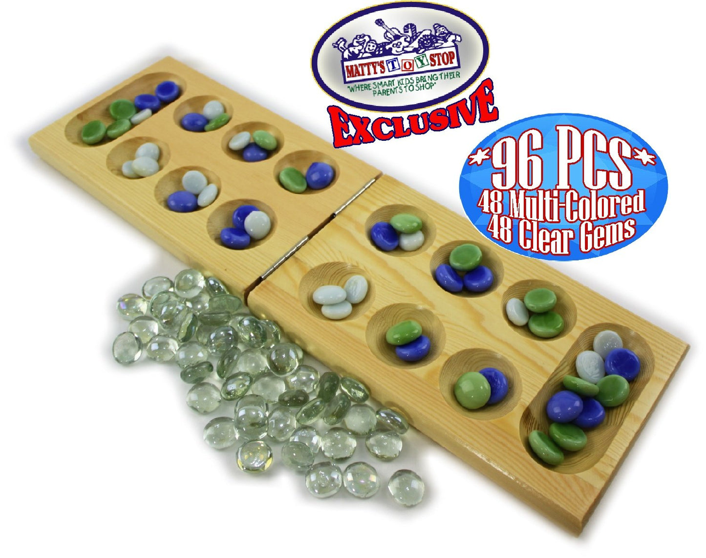 Matty'S Toy Stop Deluxe Solid Wood Folding Mancala Game With 48 Multi-Colored Gems And 48 Clear Gems (96 Gems Total)