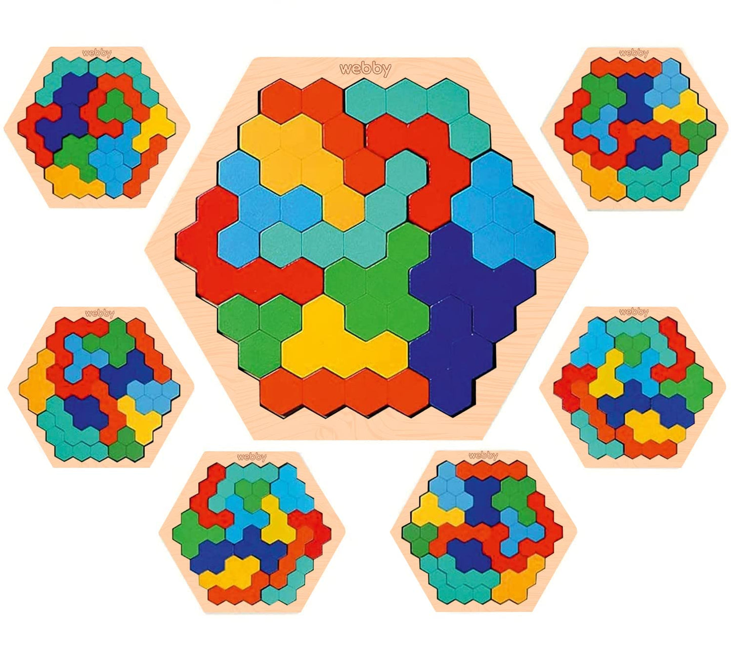 Webby Hexagonal Wooden Tetris Brain Teaser Puzzle Learning Toy for Kids