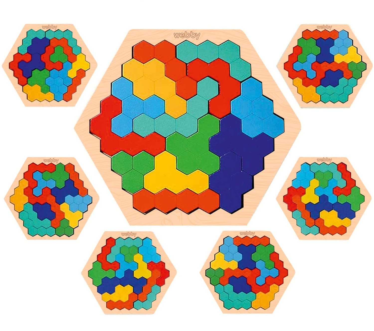 Webby Hexagonal Wooden Tetris Brain Teaser Puzzle Learning Toy for Kids
