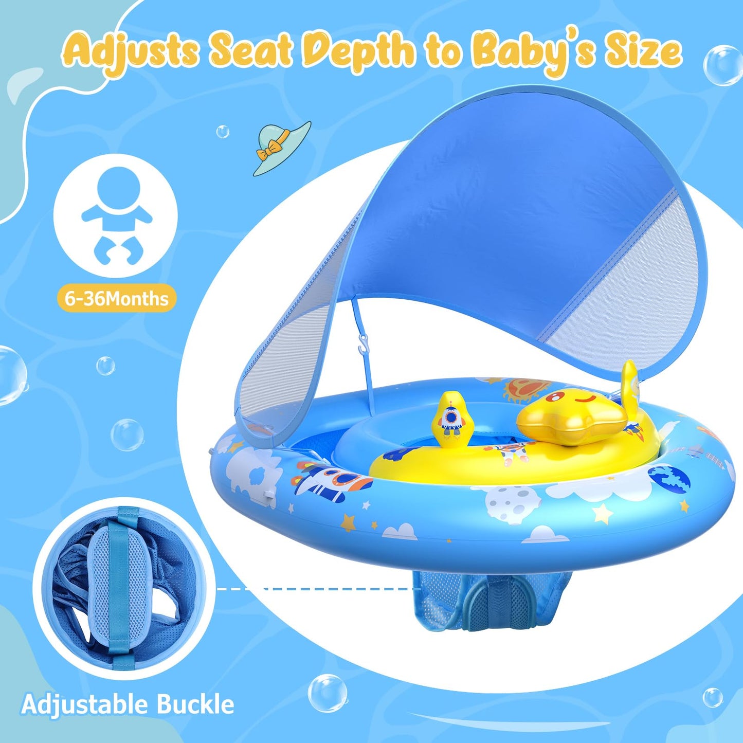 WayEee Baby Pool Float with UPF50+ Canopy, Inflatable Adjustable Seat, 6-36 Months, Blue, Summer Toy for Pool, Bathtub, Beach