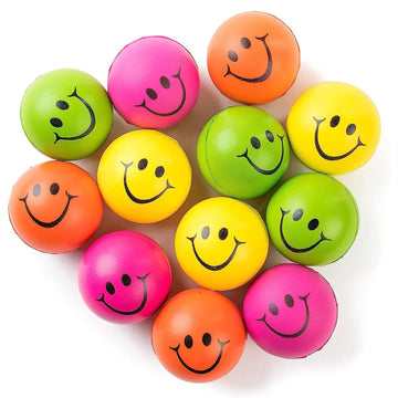 Neliblu Neon Smile Stress Balls For Adults And Kids - Foam Squeeze Balls For Stress Alleviation, Relaxation And Fun - Pack Of 12 Happy Face 2.5-Inch Stress Balls - Ideal For Parties, Therapy, And Toys