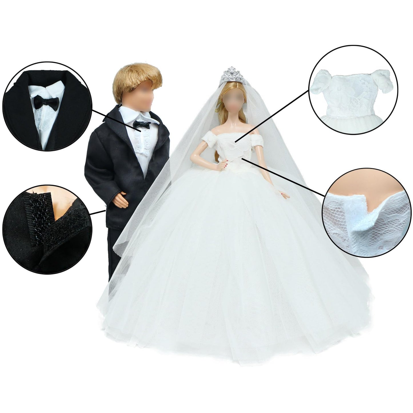 Bjdbus Wedding Set White Dress Bridal Veil And Groom Formal Suit Outfit For Boys Girl 11.5 In. Doll Clothes