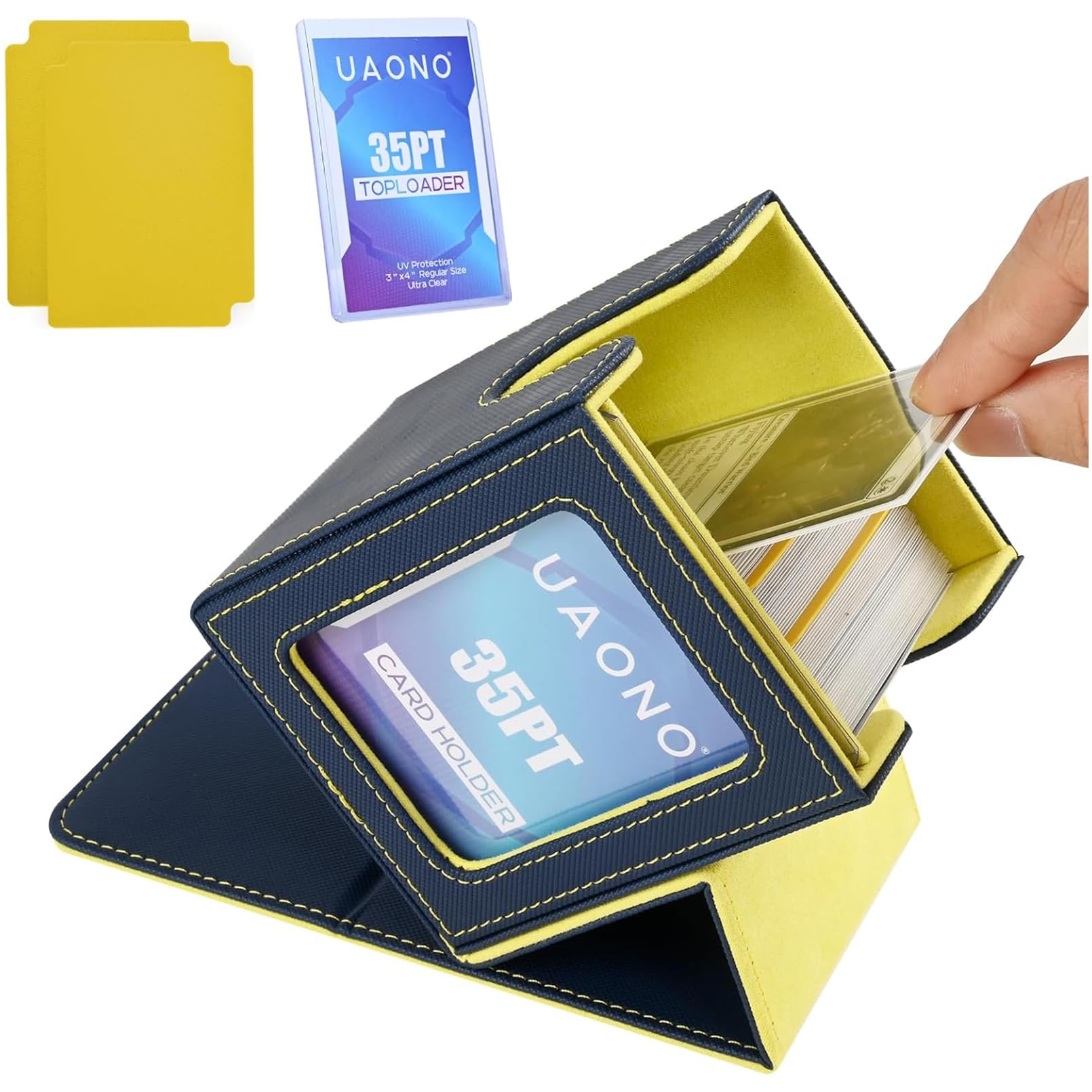 Uaono Card Deck Box With Mtg Commander Display, Deck Case Holds 100+ Double-Sleeved Cards, Trading Card Storage Box Fits Tcg/Ptcg/Sports Card With 2 Dividers, 1 Toploader (Blue, Yellow)