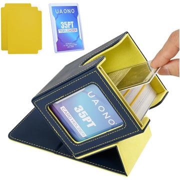 Uaono Card Deck Box With Mtg Commander Display, Deck Case Holds 100+ Double-Sleeved Cards, Trading Card Storage Box Fits Tcg/Ptcg/Sports Card With 2 Dividers, 1 Toploader (Blue, Yellow)