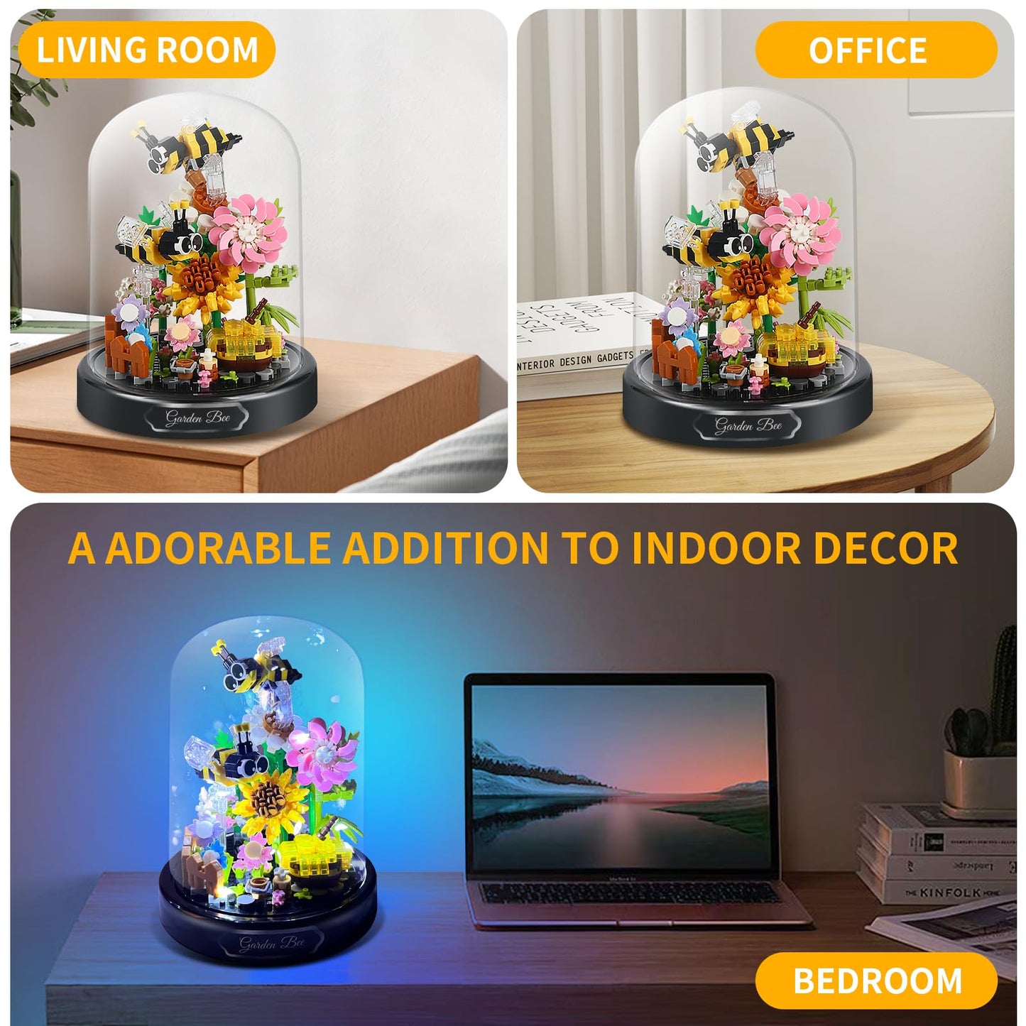 ZQJKLE Flower Bee Bouquet Building Blocks with LED String Light, Bee Flowers Botanical Collection, 588 Pcs Mini Bricks Toy for B