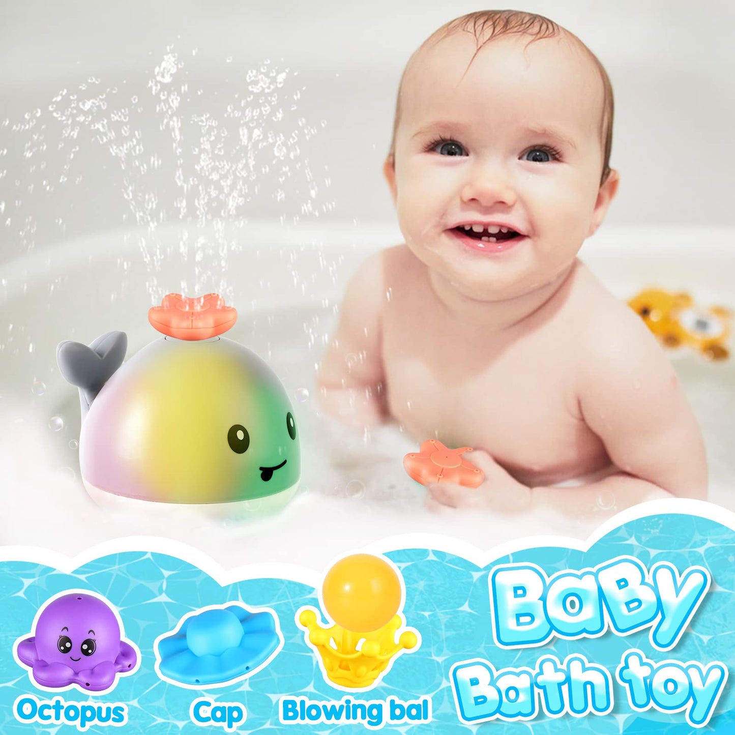Gigilli Baby Whale Bath Toy - 4 Modes Light Up Fountain for Toddlers, Grey, Small, ABS Material, Perfect for 6-18 Months, Ideal Birthday Gift