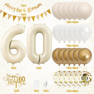 60Th Birthday Decorations Sand White Gold,60Th Birthday Balloons Beige Gold,Happy 60Th Birthday Banner With Cake Toppers Number