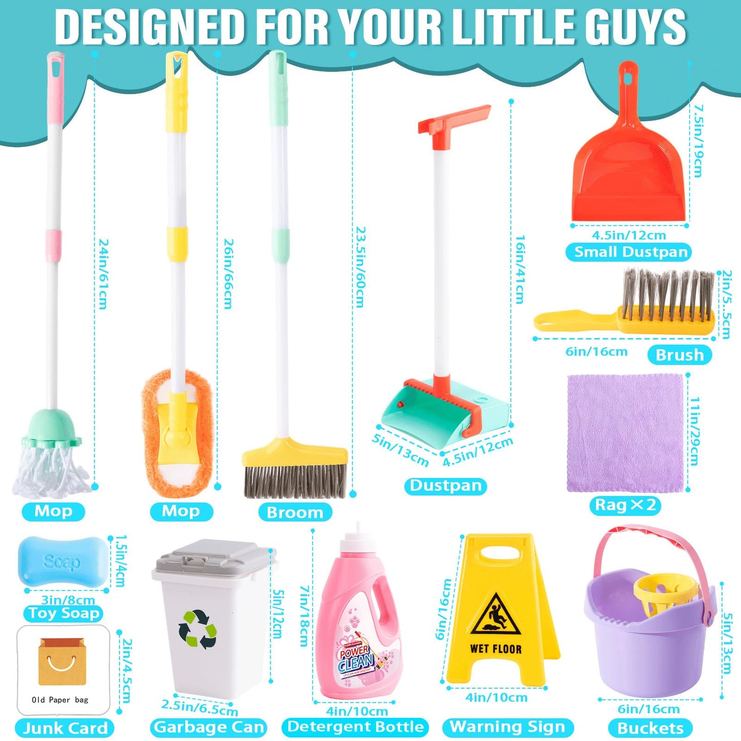 Tuzt 14Pcs Toddler Kids Cleaning Toy Set, Kids Adjustable Mop Broom & Dustpan Set, House Cleaning Tool Toys For Toddlers 1-3,Mon