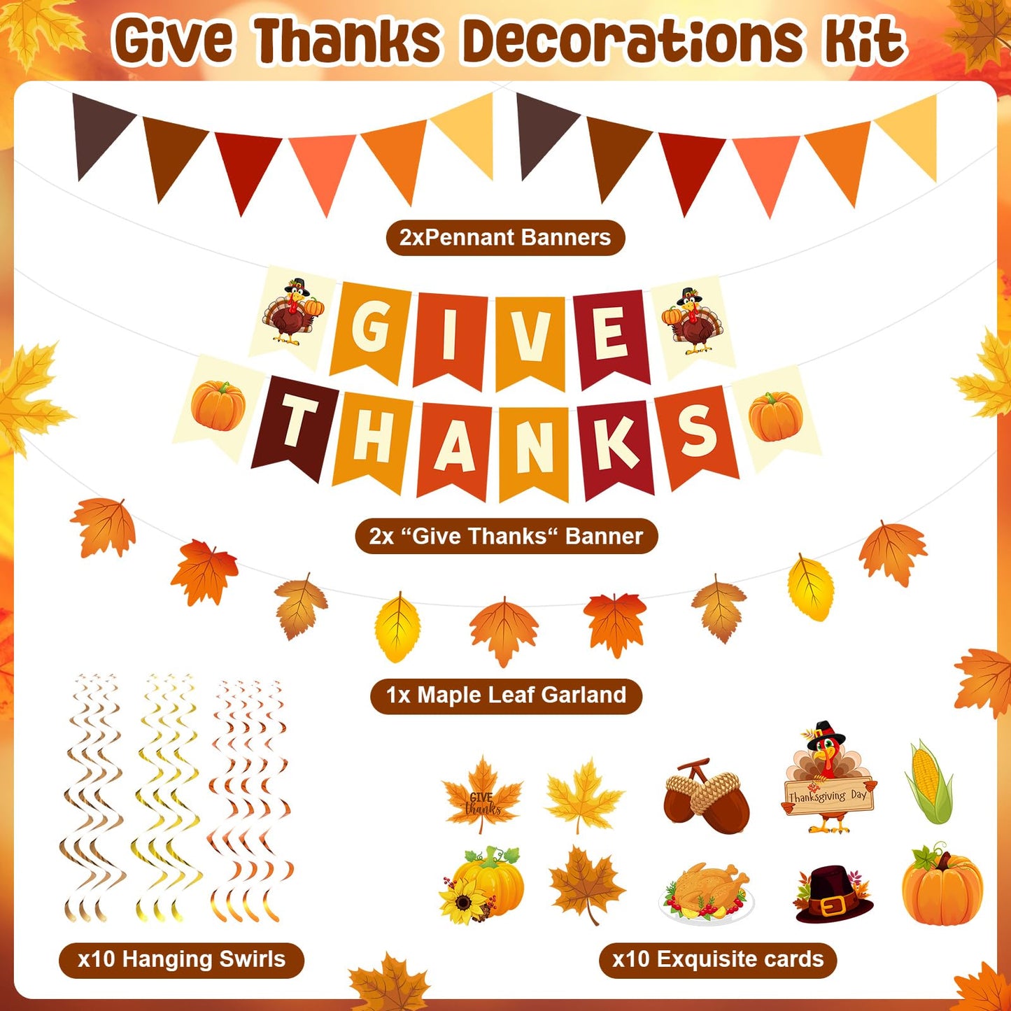 Tiamon 63 Pcs Thanksgiving Decorations Give Thanks Banner Fall Leaf Garland Turkey Pumpkin Hanging Swirls Decor Triangular Bunti