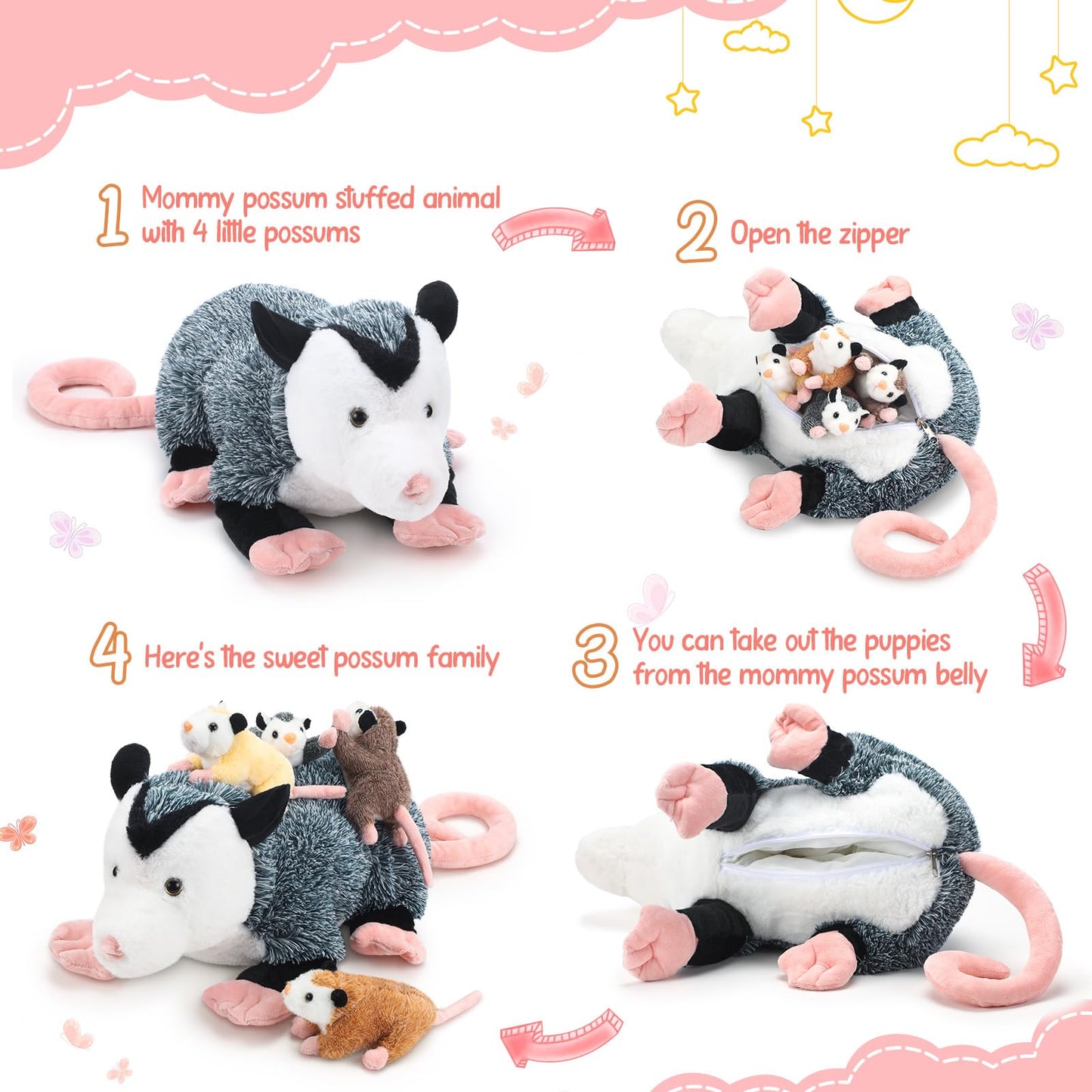 Hollowfly 5 Pcs Stuffed Opossum Mommy Possum Plush With 4 Baby Opossums Stuffed Toy On Her Back, Magnetic Attraction Cotton Plus
