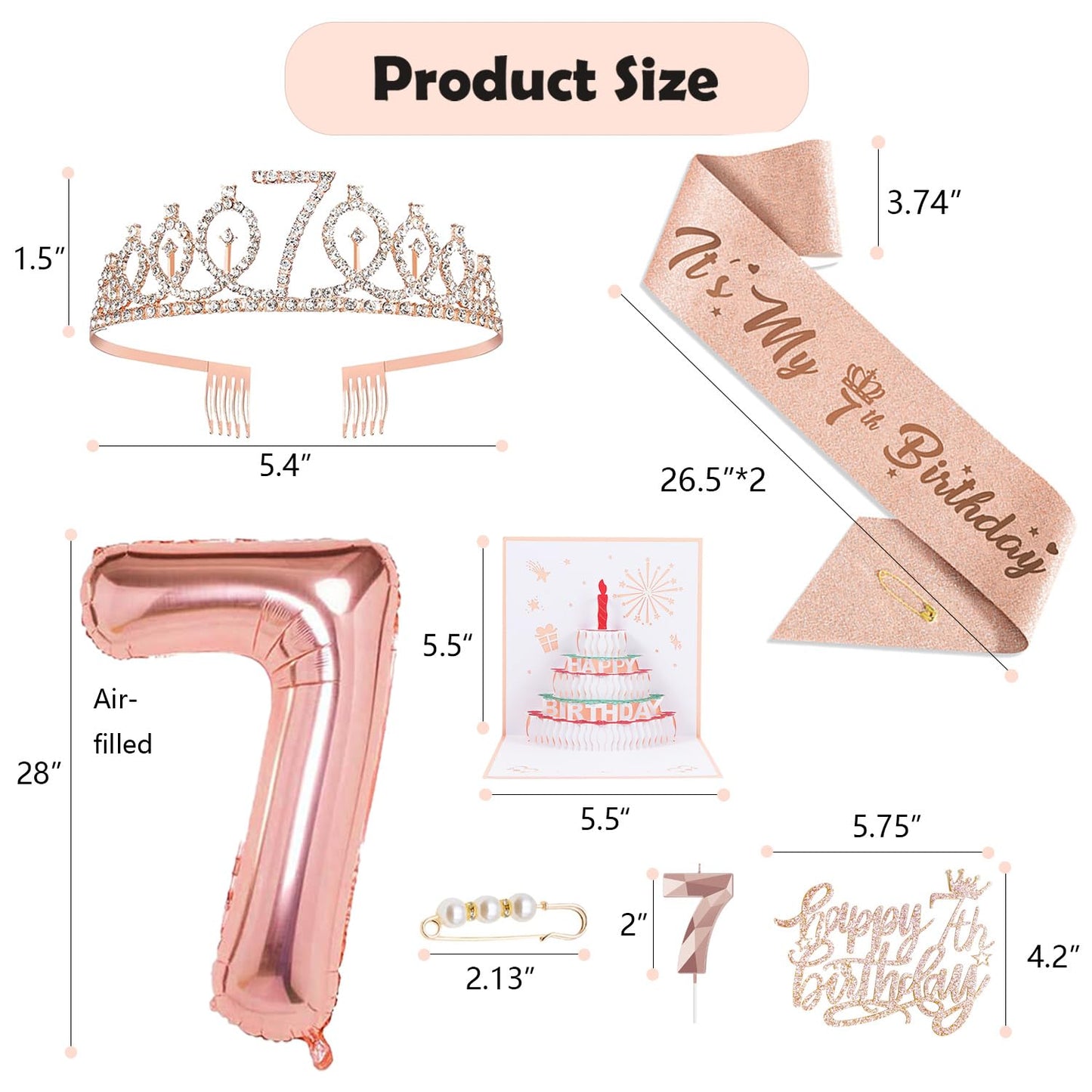 7th Birthday Decorations for Girls, Including 7 year old Birthday Cake Topper, Birthday Queen Sash with Pearl Pin, Sweet Rhinest