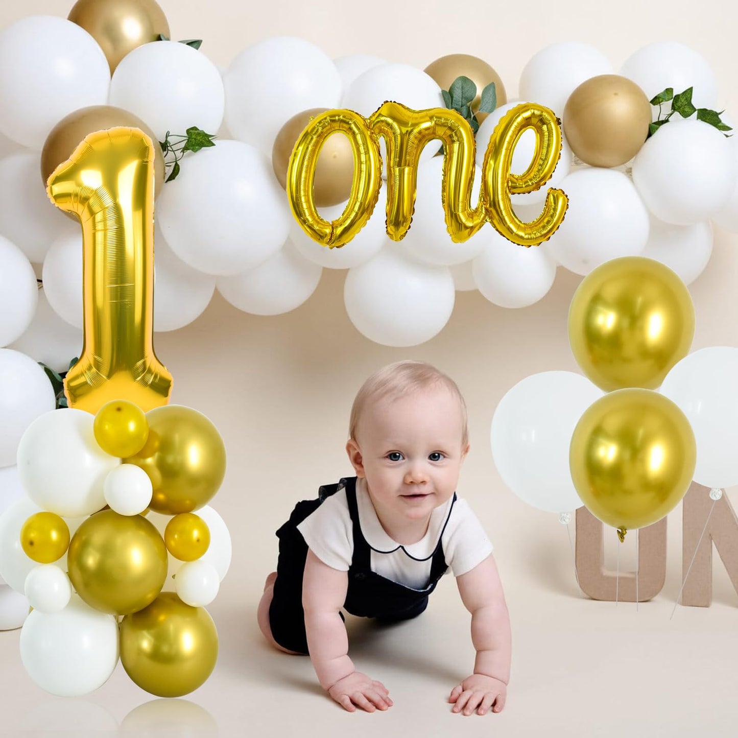 Toniful 27 Pcs 1St Birthday Balloons Set,40 Inch Gold Number 1 Balloon Gold One Letter Foil Balloon White Metallic Gold Balloons