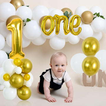 Toniful 27 Pcs 1St Birthday Balloons Set,40 Inch Gold Number 1 Balloon Gold One Letter Foil Balloon White Metallic Gold Balloons