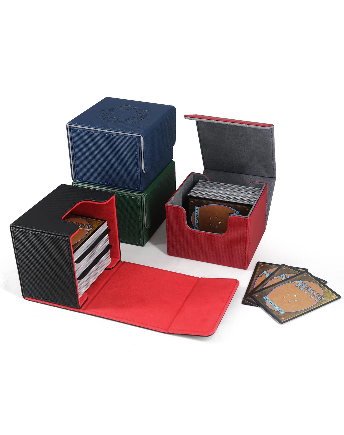 Zlca Card Deck Box With 2 Dividers For Mtg Cards, Large Horizontal Card Storage Box Fits 150+ Single Sleeved Cards, Pu Leather Commander Deck Box For Tcg Ccg (Black& Red)