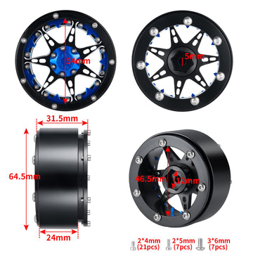 QUE-T 2.2'' Metal Beadlock Wheel Rims Set for RC 1/10 Crawler TRX4 SCX10 90046 Pack of 4 (Blue & Black)