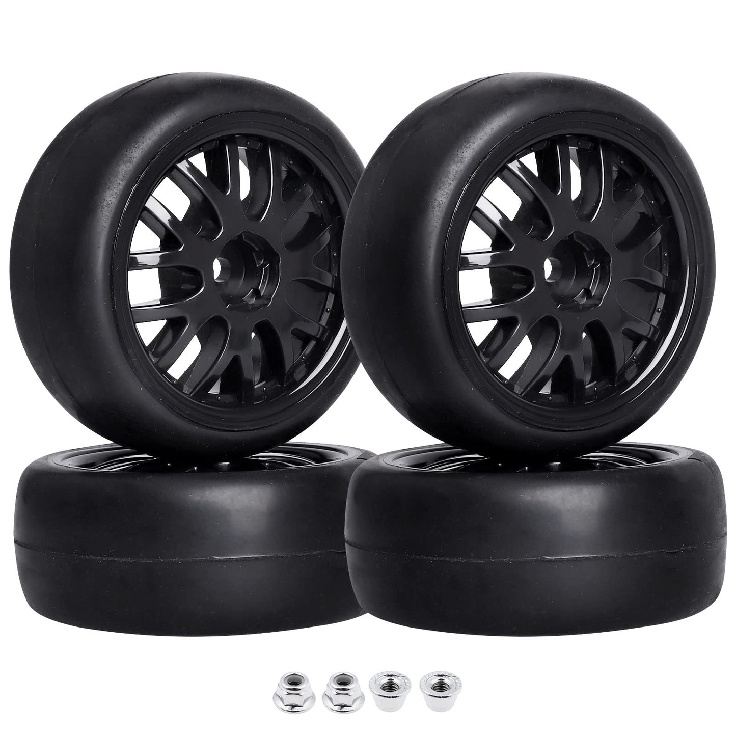 CrazyHobby Pre-Glued OD 2.56'' 12mm Hex Wheels Rims & Rubber Tires 26mm for 1/10 Scale On Road Racing Car Drift RC Touring Car, 