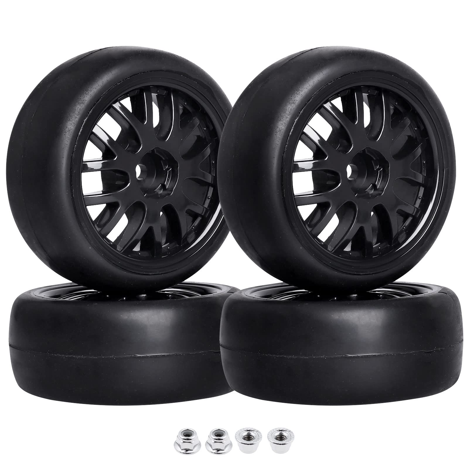 CrazyHobby Pre-Glued OD 2.56'' 12mm Hex Wheels Rims & Rubber Tires 26mm for 1/10 Scale On Road Racing Car Drift RC Touring Car, 