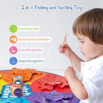 Smartwo Montessori Toy For Toddlers 1-3, Fine Motor Skill Wooden Magnetic Fishing Game For Year Old Kids, Early Learning Color A