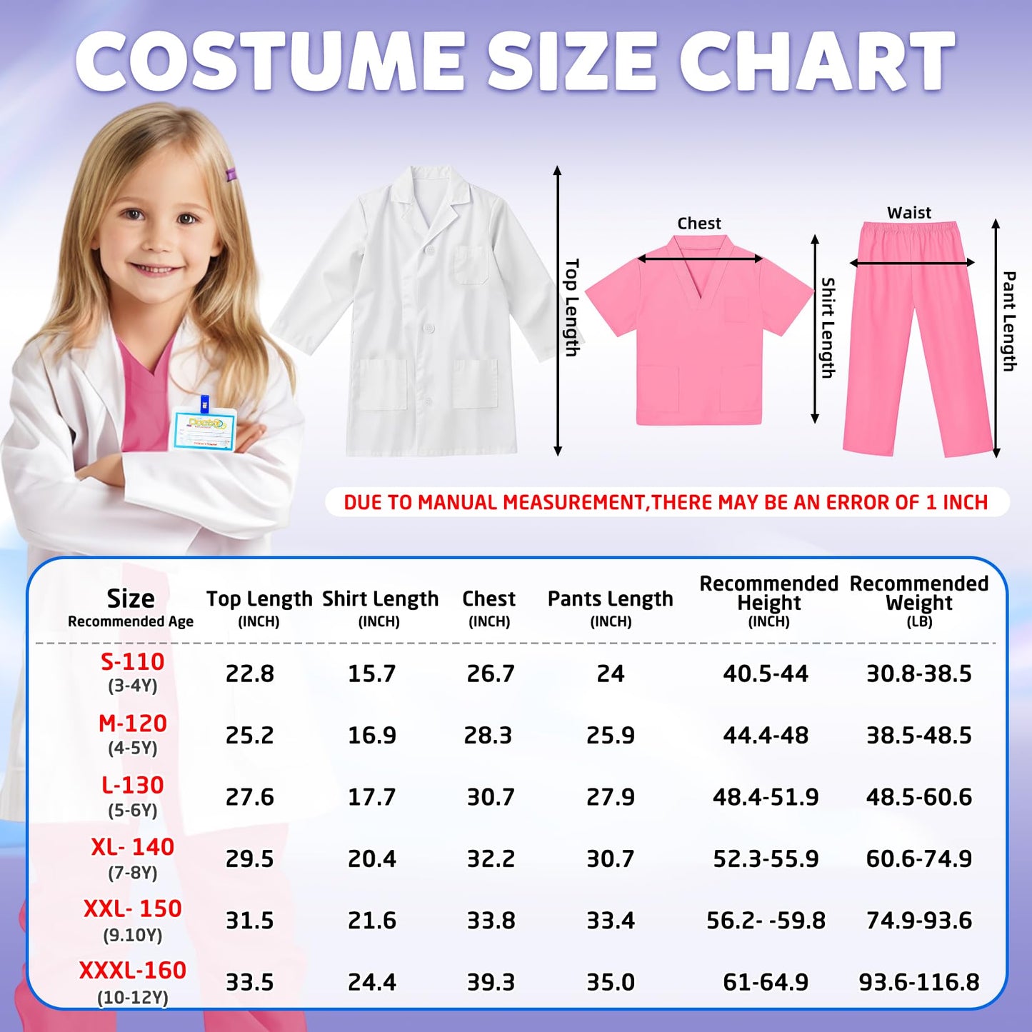 RioRand Doctor Costume for Kids With Stethoscope Lab Coat Career Day Costume Halloween Dress Up For Boys Girls 3-11 (Pink  M-120/Height44.4-48'')