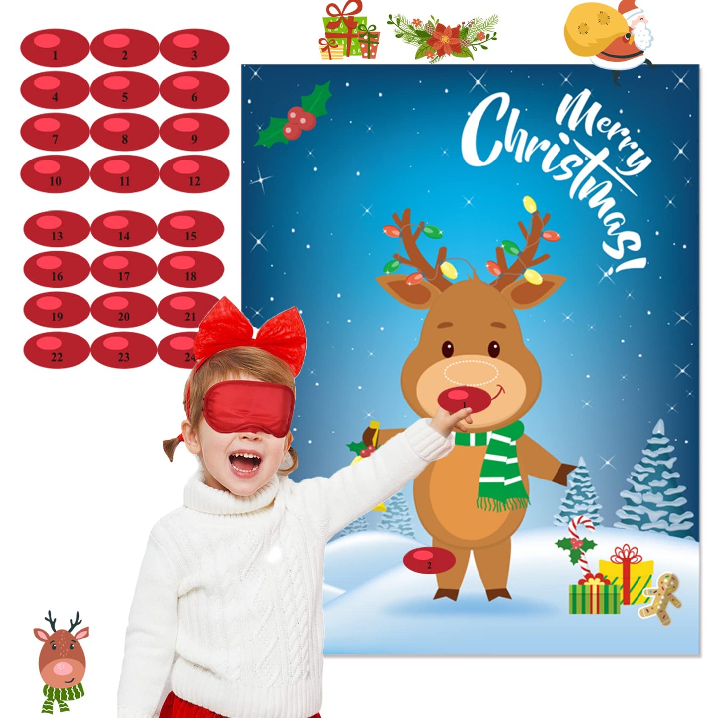 Funnlot Christmas Games for Kids - Pin The Nose on The Reindeer, 24 Reusable Noses Stickers & Blindfold, Holiday Party Fun for All Ages
