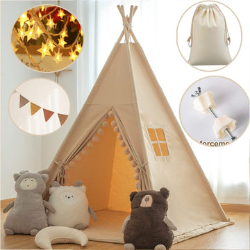 Rongfa Kids-Teepee-Tent With Lights &Large Pompoms & Carry Bag, Machine Washable Teepee Tent For Kids Indoor Tent, Foldable Toddler Tent For Kids -Toddler Teepee Tent For Girls & Boys(Without Mat)