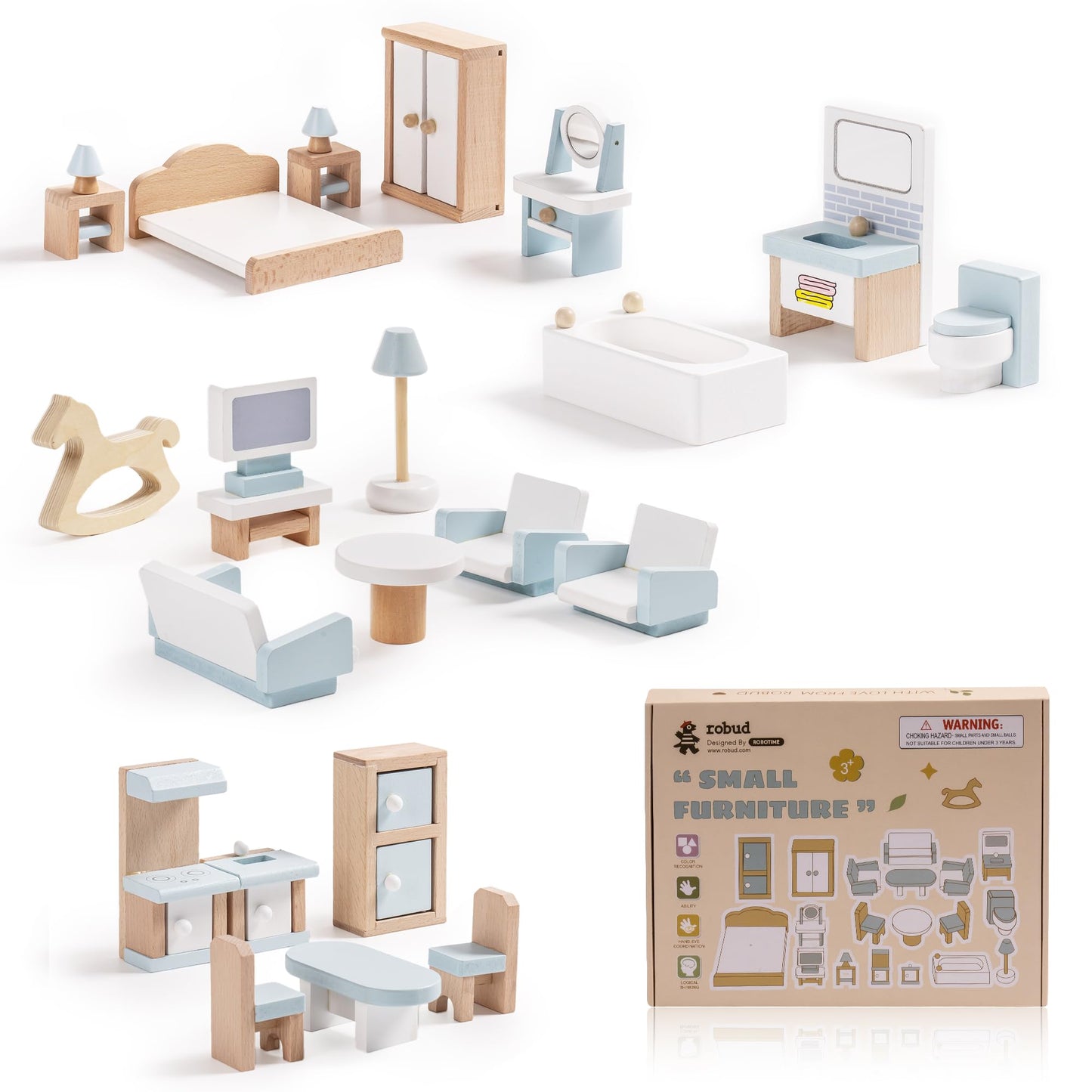 Robud Wooden Dollhouse Furniture Set, 23 Pcs Dollhouse Accessories, Miniature Furniture Including 5 Room Kits, Dollhouse Furniture Pretend Play Toys For Boys, Girls & Toddlers, 3+