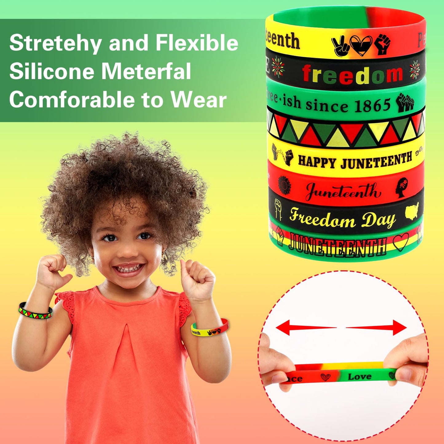 JUNEBRUSHS 64Pcs Happy Juneteenth Day Party Favors Freedom Day Silicone Rubber Wristbands Bracelets for Juneteenth Free-ish Sinc