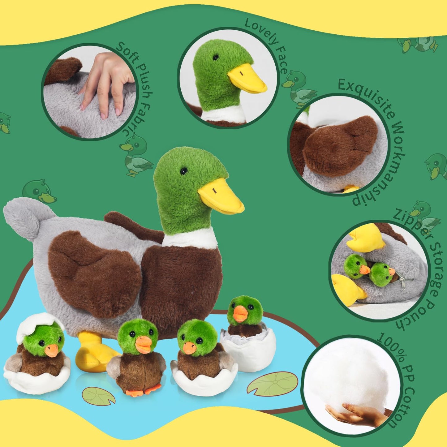 Xyhqyb 5 Pcs Duck Stuffed Animals Sets, Mommy Duck Plush Toy With Stuffed Ducklings In Zippered Belly For Girls Boys Birthday Ch
