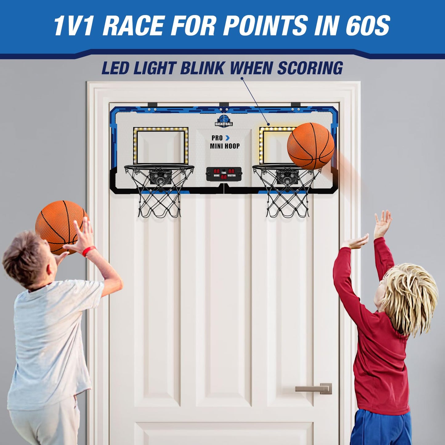 Hyes 2 Player Basketball Game, Dual Shot Over The Door Mini Basketball Hoop Indoor With Scoreboard & Led, Basketball Toy Gifts F